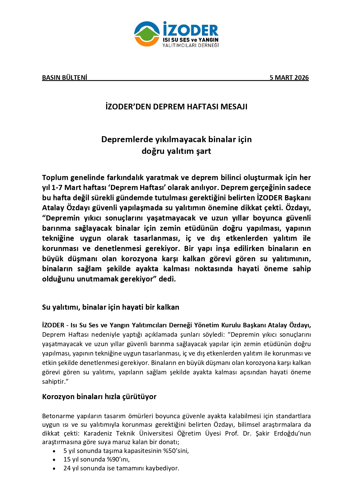 Deprem Haftası Konulu Basın Bülteni